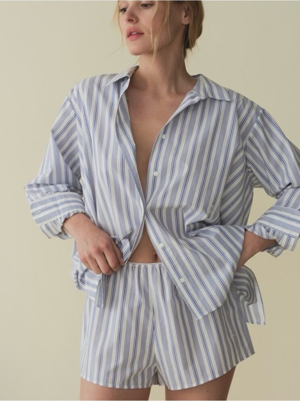 NEW! Classic DOEN Hava Blue Stripe women's Button-Down Shirt Indigo Sorrento NWT